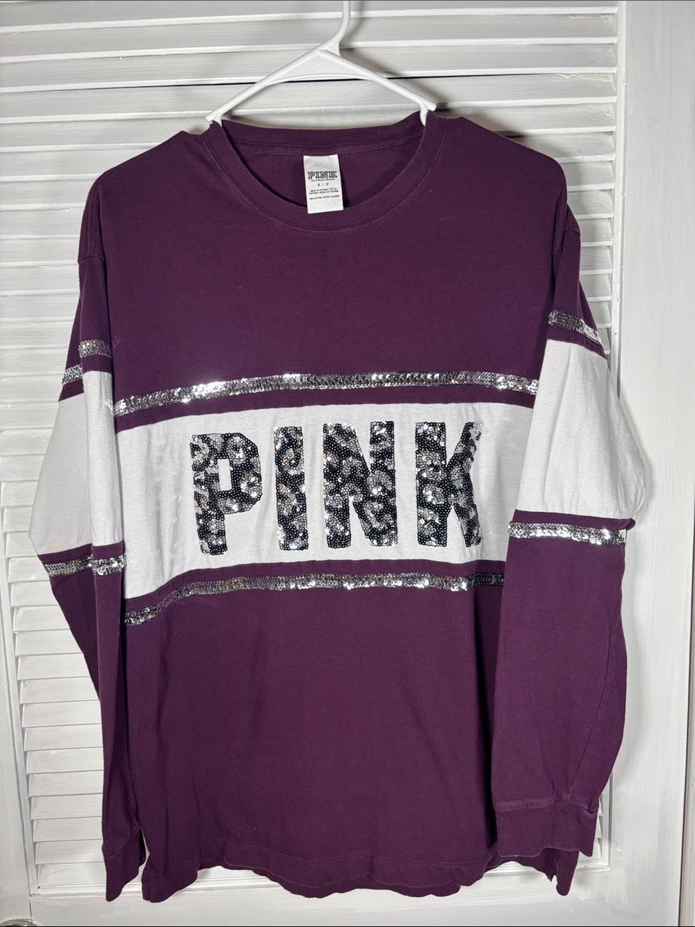 PINK Victoria's Secret Burgundy Long Sleeve Sequin Logo Tee with White Panel